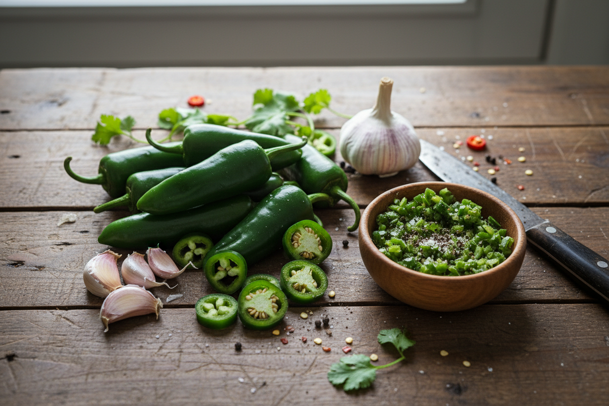 Jalapeno and garlic over a wood table
