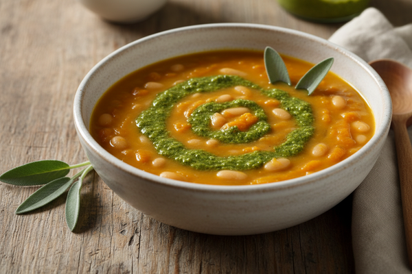 Sweet Potato and White Bean Soup with Sage Pesto