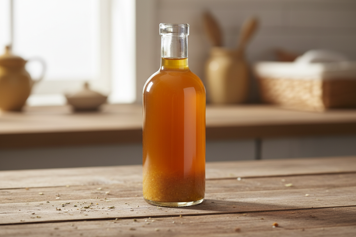 White Peach Bourbon Balsamic  NO ETIQUETE NO BRAND ON A WOODEN SURFACE