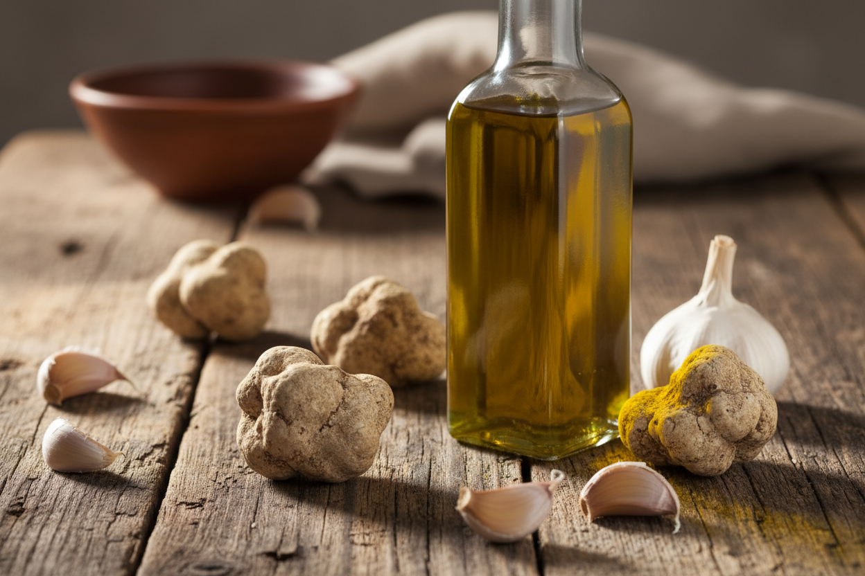 White Truffle Garlic Olive Oil no ettiquette, white truffle in wood table