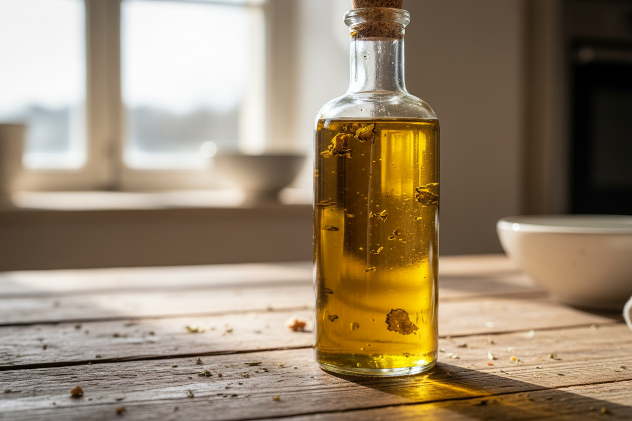 White Truffle Olive Oil no etiquette no brand on wooden surface close up